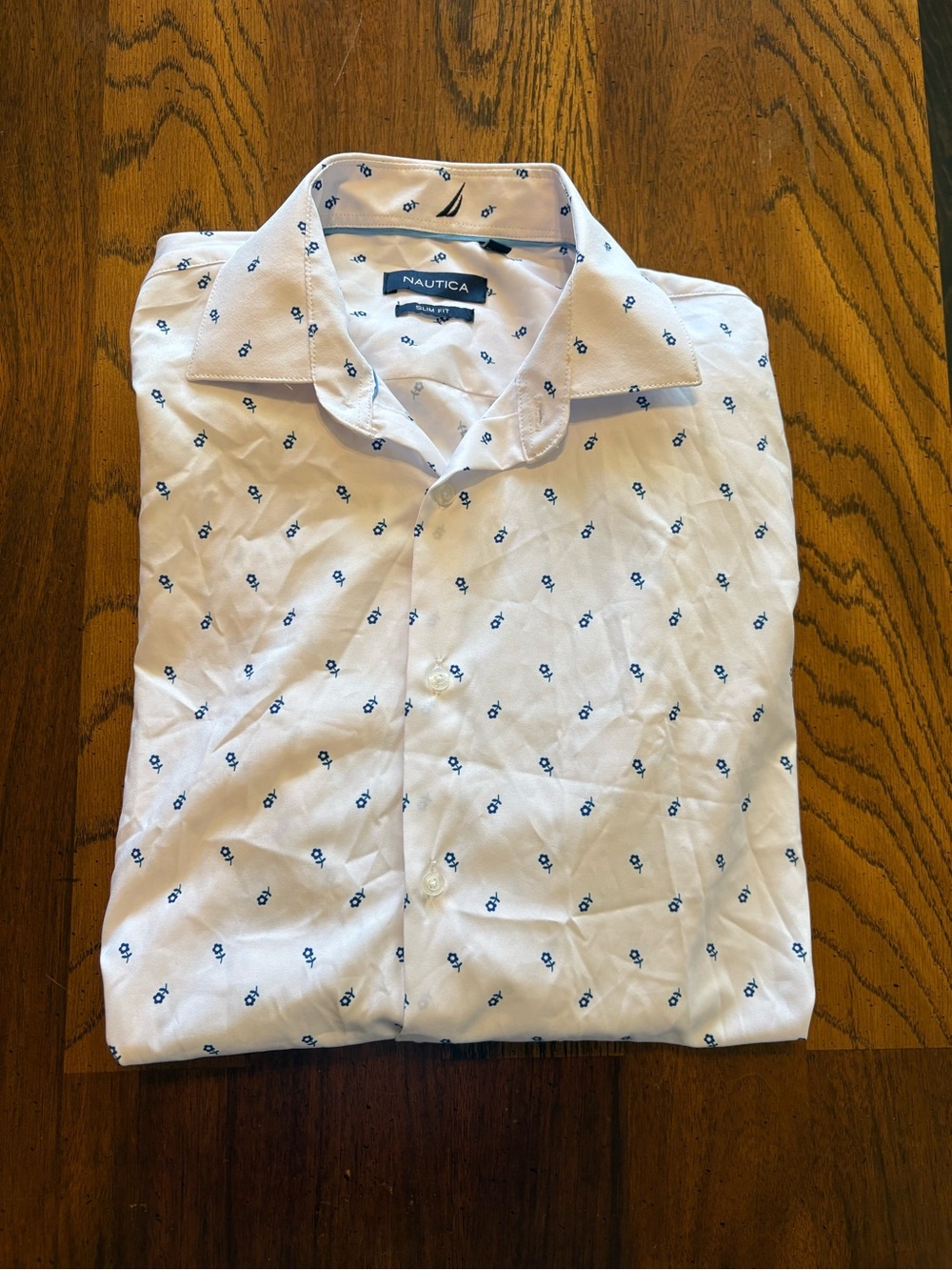Nautica White Button-Down Shirt with Small Navy Anchor Print